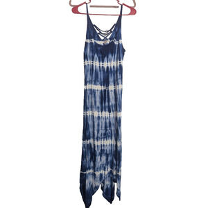 ANA Blue Tie Dye Asymmetrical Strappy Sundress Large Stretch N1 Boho Fairy